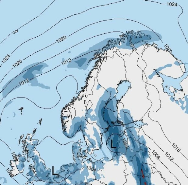 PROGNOSE: Storms prognose fra 11.5 for været 17. mai. De blå feltene indikerer hvor det er ventet nedbør. Troms og Finnmark samt Sørøst-Norge ligger dårligst an.