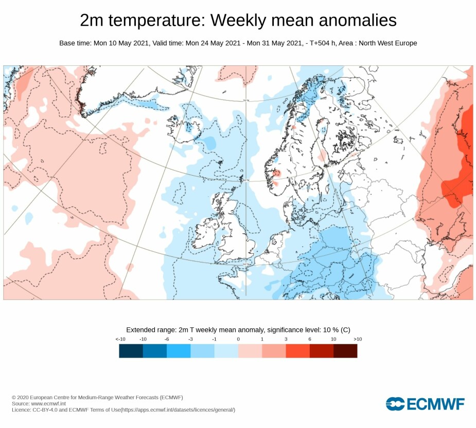 NÆR NORMALEN: Siste uken i mai ligger an til å bli omtrent som normalt, ifølge temperaturprognosen fra ECMWF.