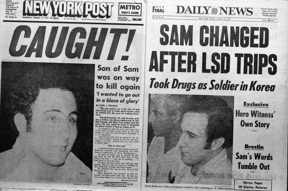 ENDELIG TATT: Oppslag i amerikanske aviser i august 1977. Seriemorder David Berkowitz elsket å gjøre narr av politiet.
