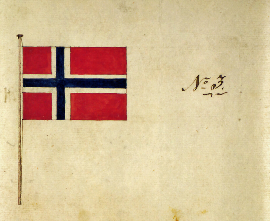 <b>VANT FREM:</b> Frederik Meltzers utkast til det norske flagget, slik det ble utstilt i Stortinget i 1821. Det ble vedtatt 4. mai 1821