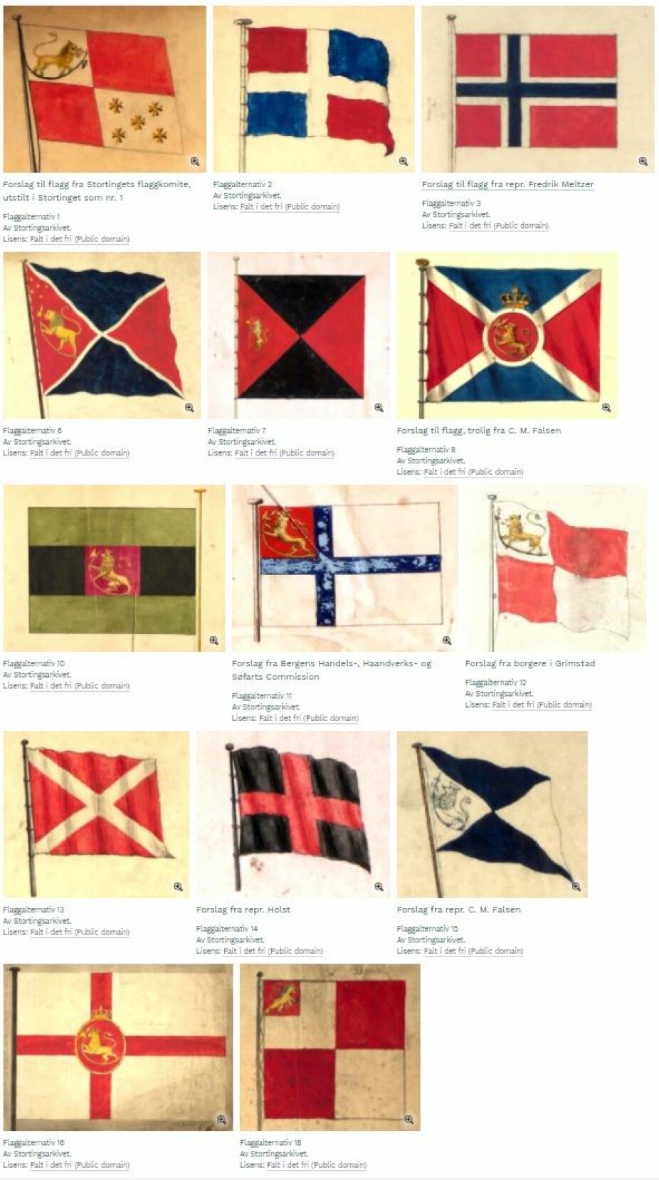 <b>DE ULIKE ALTERNATIVENE:</b> Alle disse flagg-forslagene ble sendt inn da Norges flagg skulle bestemmes.