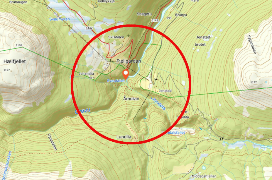 <b>ÅMOTAN:</b> Ikke langt fra Sunndalsøra finner du Åmotan - Norges svar på Niagarafossen? (Kart: Norgeskart.no)