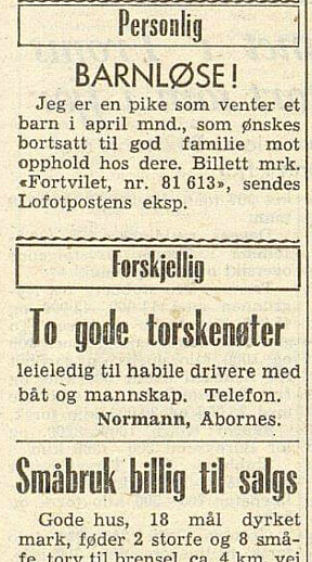 <b>ØNSKES BORTSATT:</b> Denne annonsen førte til at over hundre ektepar skrev inn til Lofotposten. – Min biologiske mor trakk vinnerloddet for meg ved å velge mor og far Jensen, sier Sten Ture. 