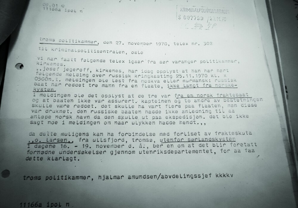 <b>ALARM:</b> Opplysningene om radiomeldingen i Sovjet ble sendt pr. teleks til Kriminal­politisentralen, via politi­kammeret i Tromsø.