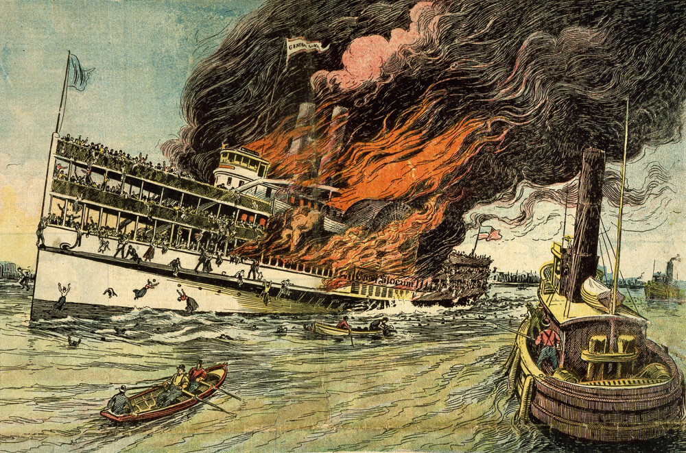 <b>ILDMØRJE:</b> En samtidig gjengivelse av katastrofe-brannen på General Slocum i 1904.