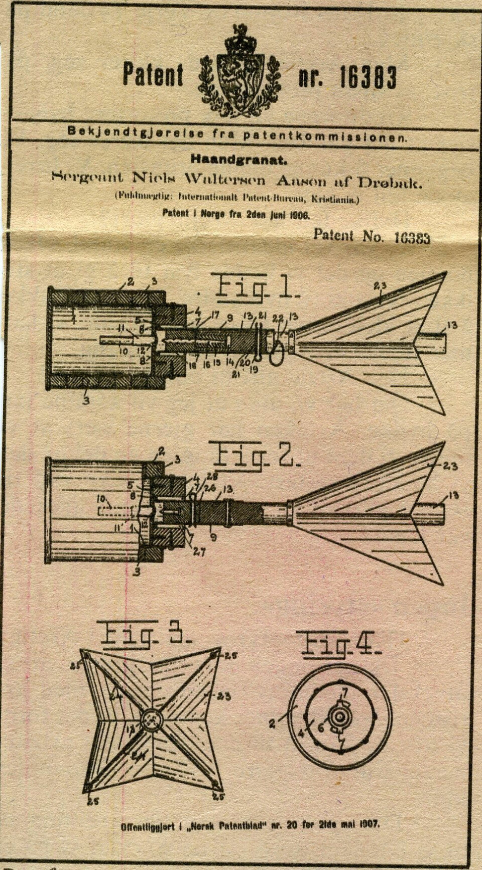 DØDELIG PATENT: Granaten til Aasen slik den ble presentert i Norsk Patentblad i 1907. I alt tok han patent på 250 oppfinnelser, og slett ikke alle var drepende.