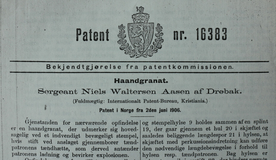 PATENT: Patentet Nils Waltersen Aasen tok på håndgranat.