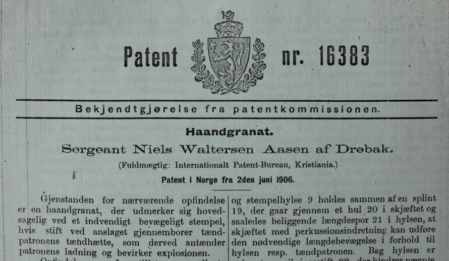 PATENT: Patentet Nils Waltersen Aasen tok på håndgranat.
