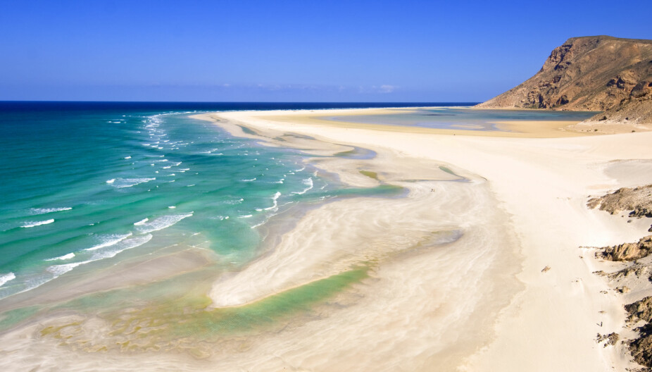 Detwah-stranden på vestsiden av Socotra er idyllisk med sin hvite sand.