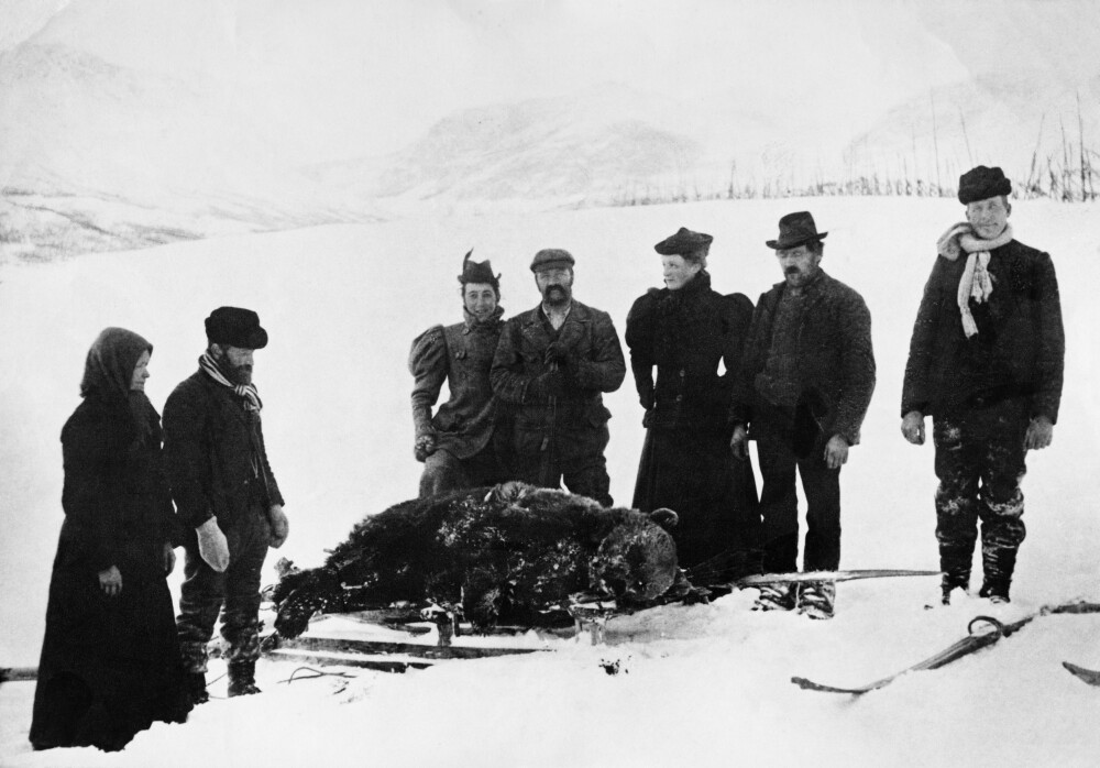 <b>JAKT:</b> Nini deltok aktivt på jakt. Her en nyfelt bjørn på skikjelke, antagelig i Vestre Slidre i Valdres i 1896. Nini er kvinnen med fjær i hatten, mannen ved siden av daværende ektefelle, godseier Peter Martin Anker.