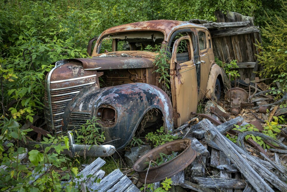 PARKERT FOR ALLTID: Lite røper for ukyndige hva slags bil dette er. Men å se slikt i Norge, en gammel kjerre omgitt av «norsk jungel», er spesielt.