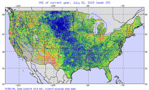 <b>2019:</b> Indeks-kartet viser tørketilstanden i den vestlige delen av USA i juli 2019. 