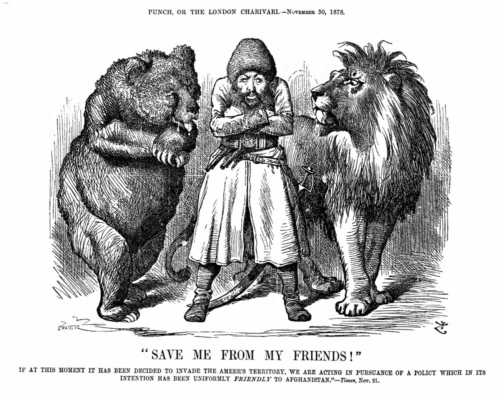 <b>DET STORE SPILLET:</b> Den russiske bjørn og den engelske løven sikler over Afghanistan på 1800-tallet. I dag har den kinesiske pandaen tatt plassen til løven.