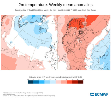 Temperaturprognose for uke 40: Hele landet vil få varmere temperaturer enn normalt i uke 40. I Nord-Norge kan man gå hele 3 til 6 grader over normalen.