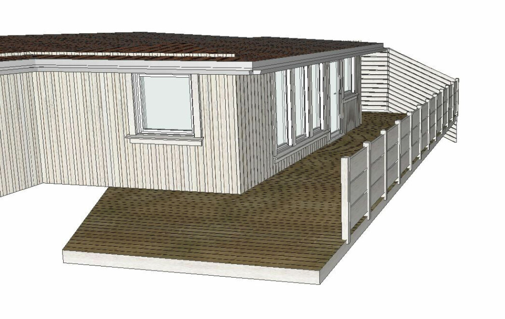 <b>FØR: </b>Original hytte. Terrassen uten møbler og med gammelt rekkverk