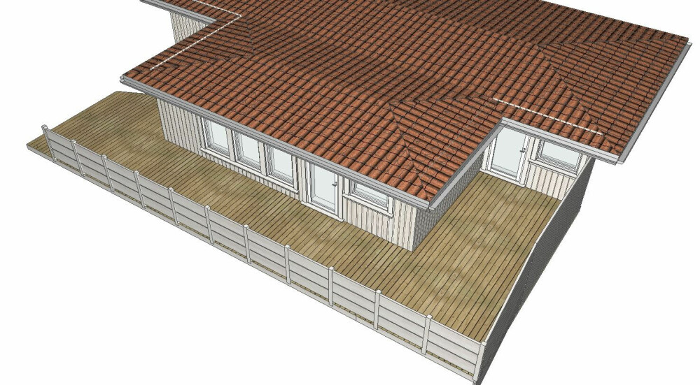 <b>FØR: </b>Original hytte. Størrelsen på terrassen uten møbler og med gammelt rekkverk