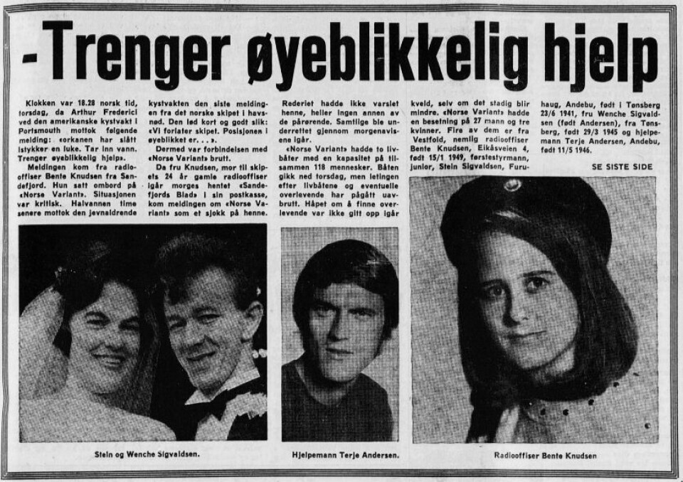 RYSTET LANDET: Over hele Norge brakte lokalavisene nyheten om de forsvunne skipene. Mannskapene på de to skipene kom fra Brøstadbotn i nord til Sandnes i sør. Her fra Sandefjords Blad.