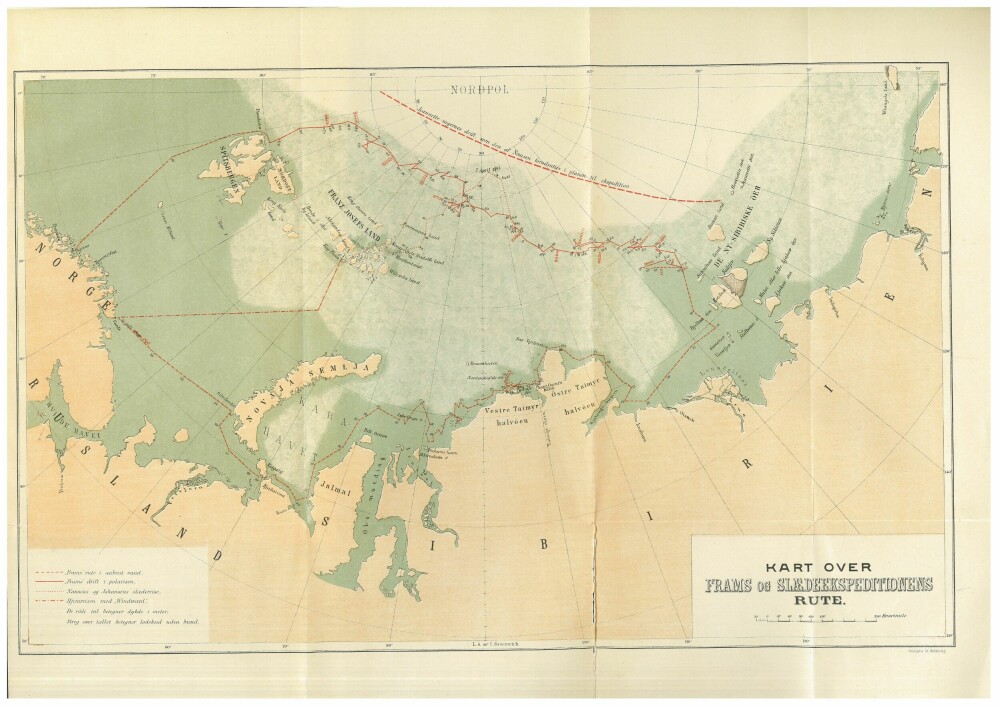 <b>ISØDET:</b> Kartet viser området ved Frans Josef Land. Ruten Nansen og Johansens ferd med Fram l er inntegnet. Gjengitt med tillatelse fra Norsk Polarinstitutt.