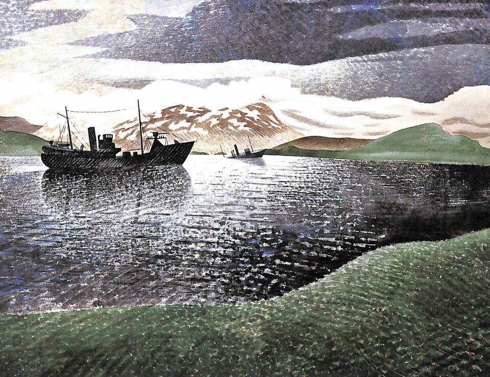 KUNSTNER I KAMP: Maleren Erik Ravilious ble sendt til Narvik for på feste krigens vakre side til lerretet. Midnattssol, båtvrak og blått hav var fortryllende å melde hjem om.