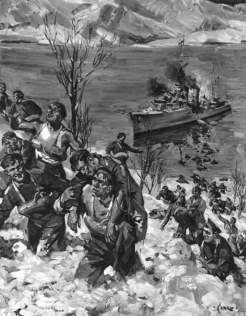 LYKKELIG EVAKUERING: Matros Les Smale med kaptein Bernard Armitage Warburton-Lee på ryggen. Ansiktsuttrykkene på soldatene rundt ville muligens sett annerledes ut på et fotografi.