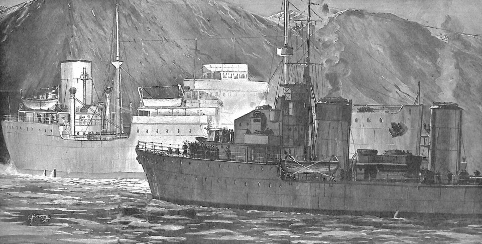 FØRST UTE: George Horace Davis' tegning fra da HMS Cossack kapret det tyske skipet Altmark og frigjorde 300 engelske fanger i Jøssingfjorden i Norge, kom på trykk i det franske magasinet L`illustration 2. Mars 1940. Denne tegningen var den militære kunstsatsingens første angrep.
