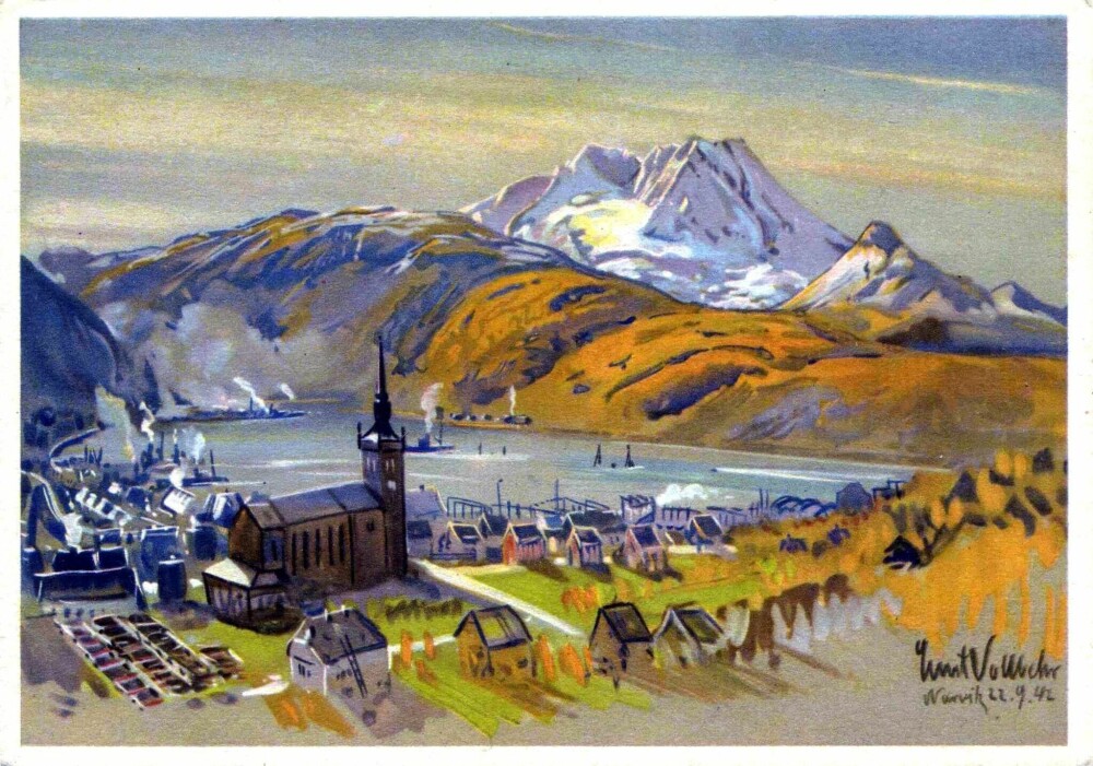 <b>VAKRE VRAK:</b> Oversiktsbildet fra Narvik røpet sansen nazi-maleren Ernst Vollbehr hadde for norske fjell. For de mer krigerske kunstelskerne malte han inn noen senkede skip i fjorden.