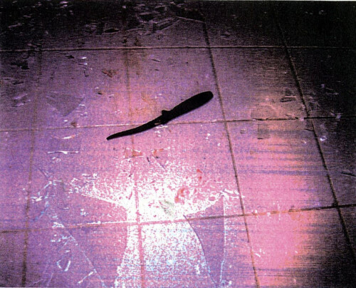 <b>DRAPSVÅPENET:</b> Fileteringskniven som ble brukt til å påføre Jukka S. Lahti, var funnet på offerets kjøkken og etterlatt blodig på stuegulvet.