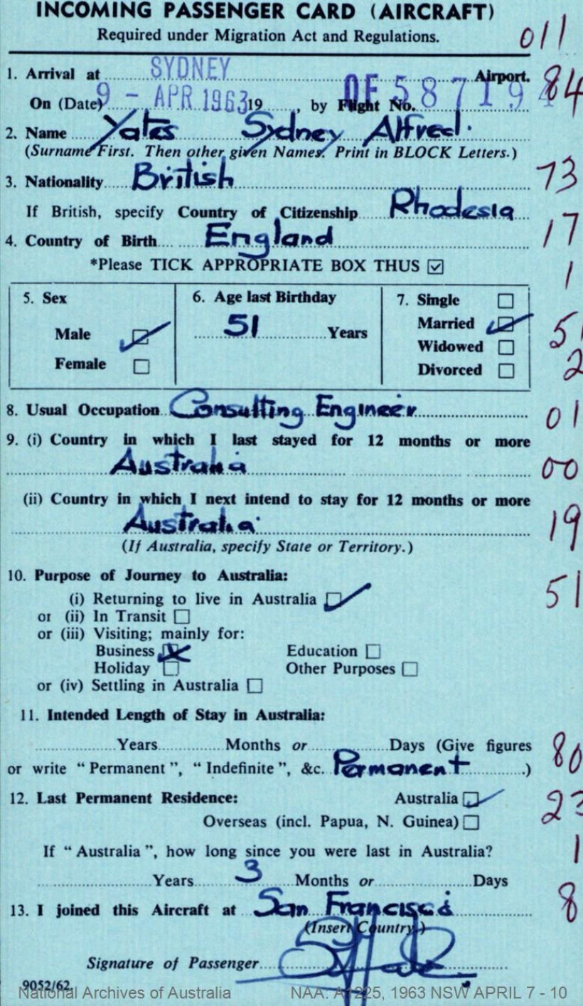 LEDETRÅD: Et såkalt «Incoming passenger card» som viser at familien Yates immigrerte til Australia.