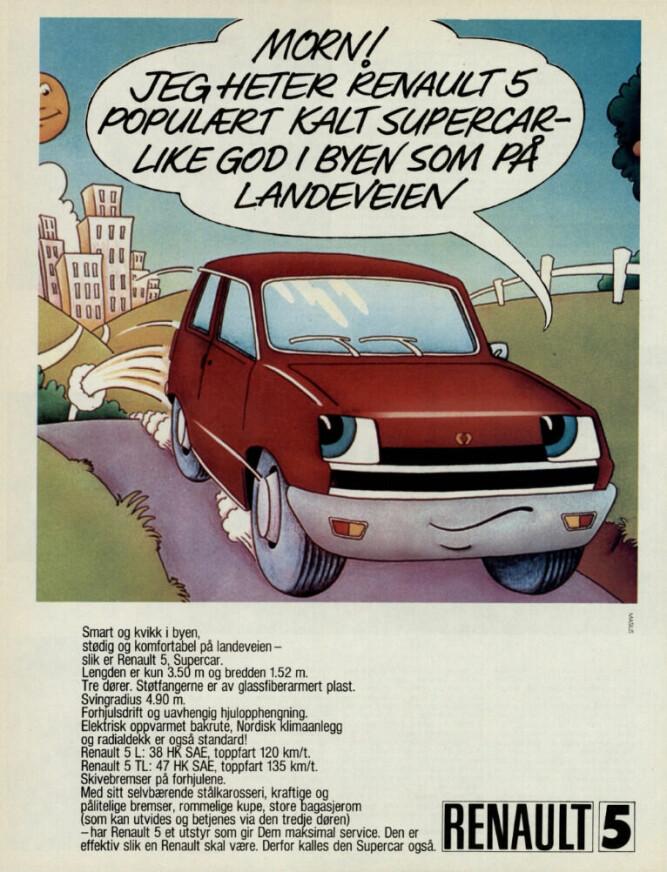 <b>SUPERBIL:</b> Slik ble 3,5 meter lange Renault 5 med selv­bærende karosseri presentert i reklamen som sto på trykk i Vi Menn i 1972.