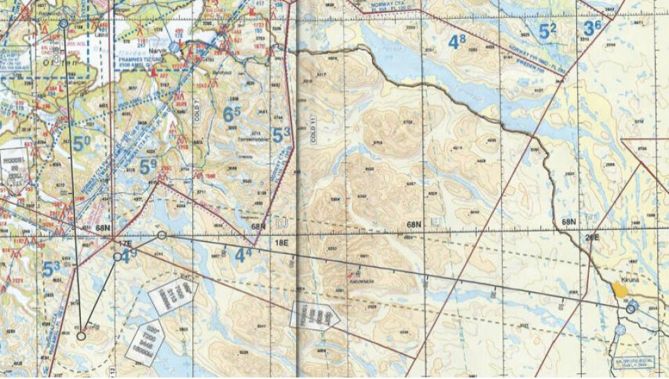 RUTEN: Kartet som ble brukt som planleggingsverktøy før toktet hadde ikke angivelser for sikker høyde på svensk side av grensen.