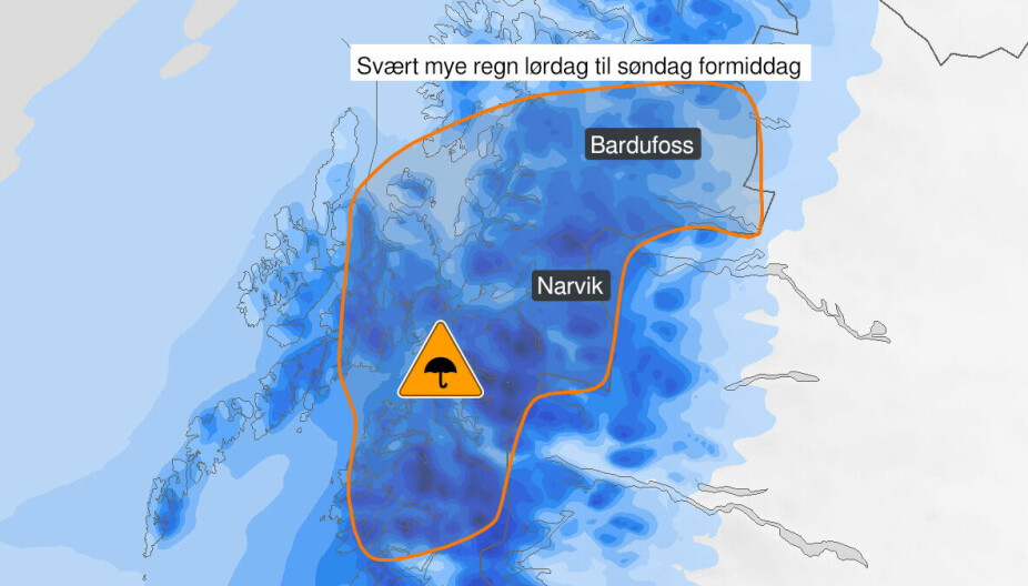 Vasta area di pioggia: sabato l'Istituto meteorologico ha emesso un avviso arancione di forti piogge per Salten, Ofoten, Vesterålen e Sør-Troms.  L'intera regione a sud del Nordland dovrebbe prepararsi per un weekend piovoso.