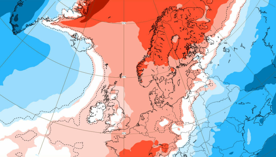 <b>VARMERE ENN NORMALT: </b>Det europeiske senteret for langtidsvarsler, ECMWF, sin ferskeste prognose viser at uke 11 er vesentlig varmere enn normalen for uken. Lyserødt betyr 1-3 grader varmere enn normalen. Rødt 3-6 grader mildere.