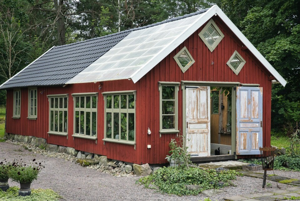 SMIEN: Vinduene som ble fjernet fra hovedhuset kom til nytte igjen i smia. Ved å bruke kanalplast istedenfor takstein på den ene enden av taket, fikk Monica inn lyset og økte romfølelsen.