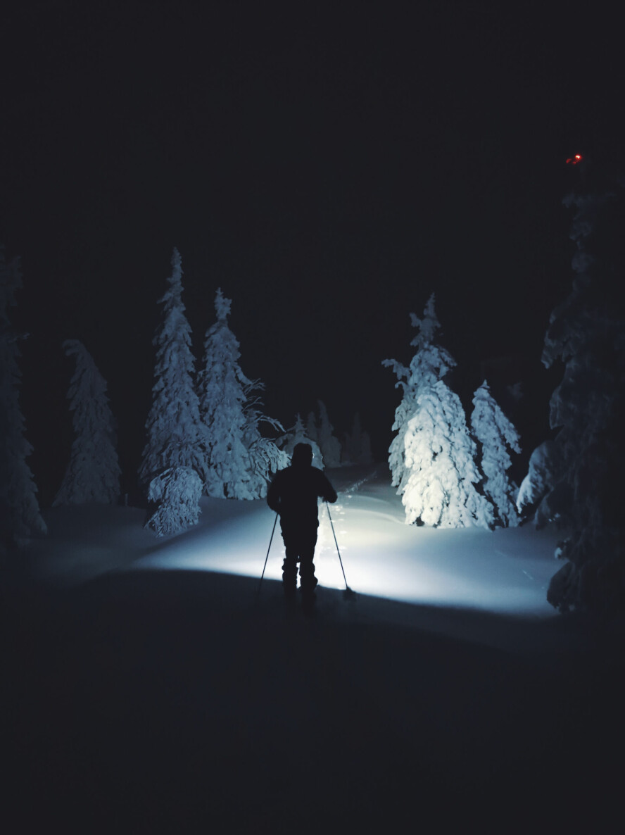 BRUK NATTA: Det er lite som kan måle seg med følelsen av å tråkke seg gjennom en snøkledd skog på natten – med hodelykt som eneste lyskilde.