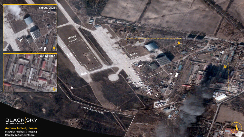 <b>BOMBET:</b> Dette satellittbildet fra Black Sky viser omfattende ødeleggelser på hangaren der AN-225 sto parkert.