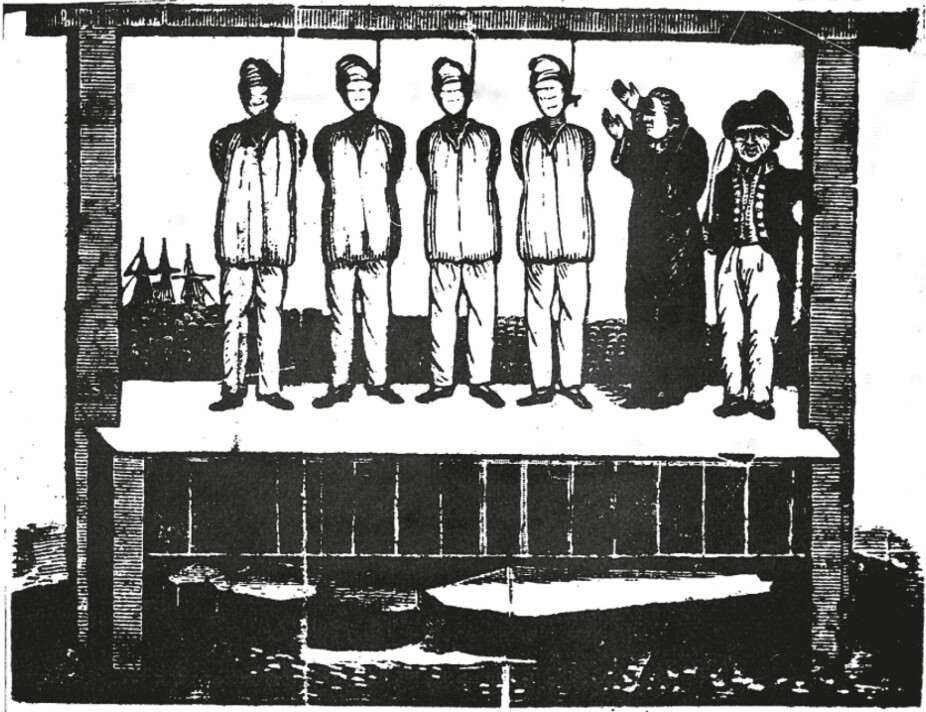 <b>GALGEN:</b> Fire av mannskapet på Plattsburg ble dømt etter mytteriet og hengt i Baltimore. Illustrasjonen skal vise henrettelsen som langt fra gikk så smertefritt som tegningen kan gi inntrykk av.