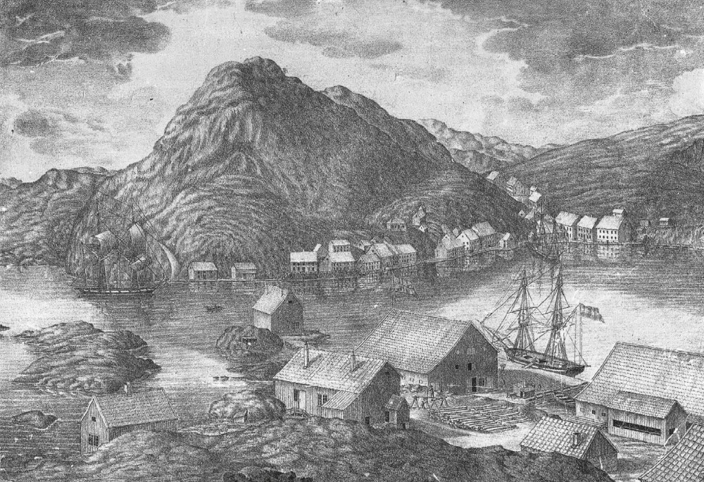 Historisk tegning av verftet på Gismerøya.
