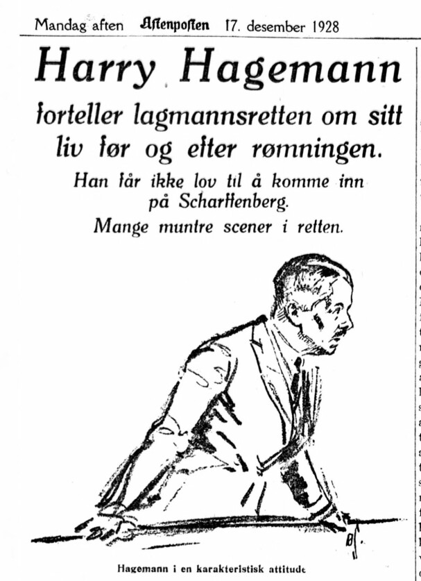 <b>STOR OMTALE:</b> Rettssaken mot Harry Hagemann var grundig omtalt i Oslo-avisene, her fra Aftenposten 17. desember 1928 med tegning av avisens faste tegner Øyvind Sørensen.