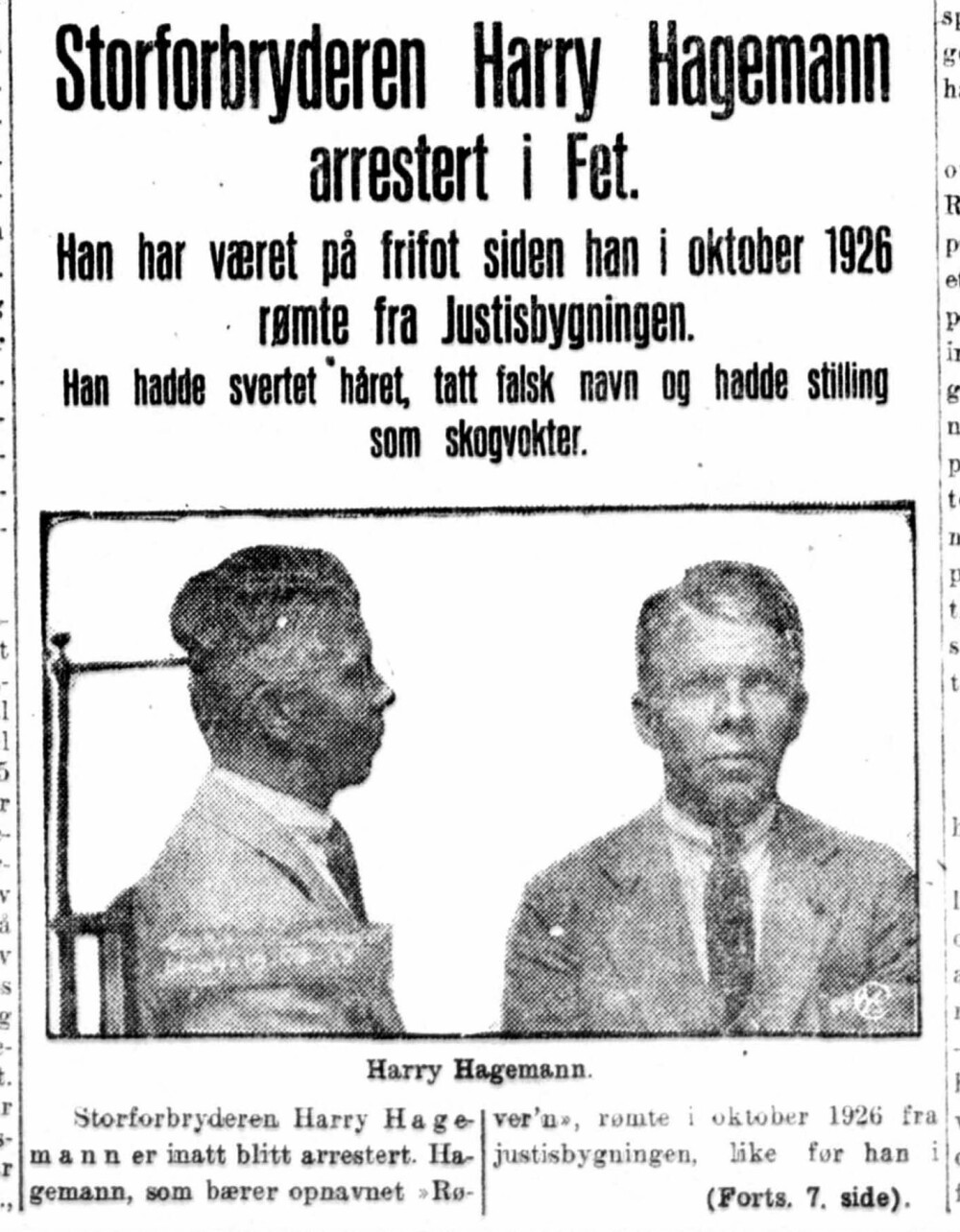 <b>FØRSTESIDESTOFF:</b> Arrestasjonen av Harry Hagemann ble slått stort opp i Oslo-avisene, her fra Aftenposten 24. mars 1928.