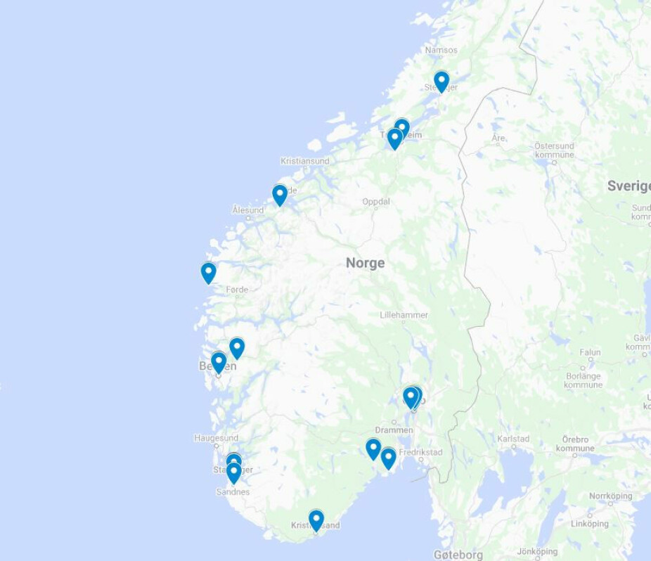 TOMME: Kart over stedene der over en million tonn korn var lagret − nok til ett års forbruk − i Sør-Norge. Nå er alle tømt.