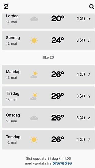 <b>KAN DET SKJE?</b> En skjermdump viser værmeldingen for Oslo som lå inne i TV 2 og Storms vær-app den 5.mai. Meteorologen understreker at detaljerte varsler for så langt frem i tid må tas med en klype salt. <b>NB:</b> Noen timer senere ble varselet endret til 22 grader og skyer 17. mai, så usikkerheten er stor!