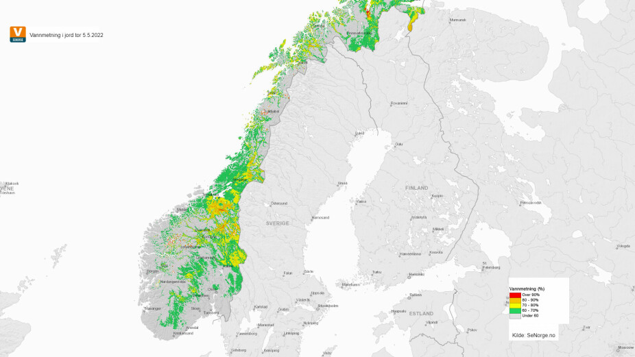<b>KNUSKTØRT: </b>At vannmetningen i jorda er under 60 % i store deler av landet, gir dårlige vekstforhold og stor skogbrannfare. De neste dagene blir det bra med påfyll av vann fra Vestlandet og nordover, mens det etter all sannsynlighet vil forbli tørt i Sørøst-Norge.