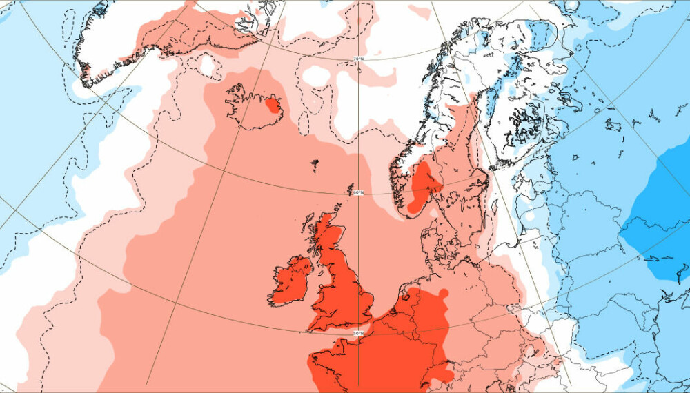 ECMWFs temperaturprognose for uke 20 (som starter 16. mai). Hvitt indikerer normale temperaturer. Lyserødt betyr 1-3 grader varmere enn normalen. Mørkerødt betyr hele 3-6 grader varmere enn normalen.