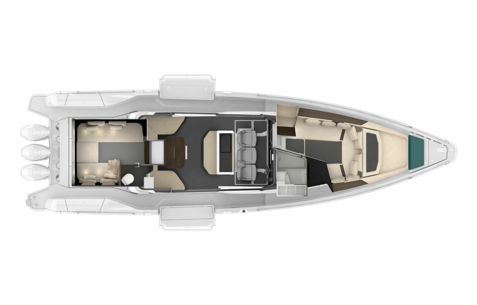 TO KABINER: Interiørskisse for utgaven med akterkabin. Skrogsidene utenfor dørene til styrehytta kan felles ut for mer plass i havn.