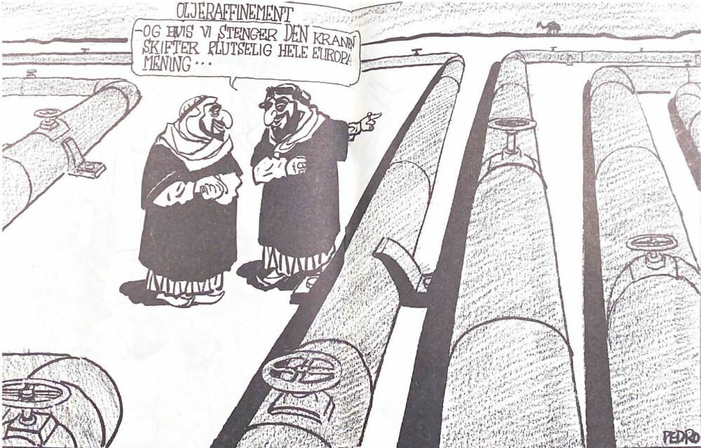 <b>GAMMELT KNEP:</b> VGs legendariske tegner Pedro laget denne tegningen under oljekrisen i 1973. Strategien araberne den gang valgte, minner sterkt om den Vladimir Putin bruker mot Europa i dag. 