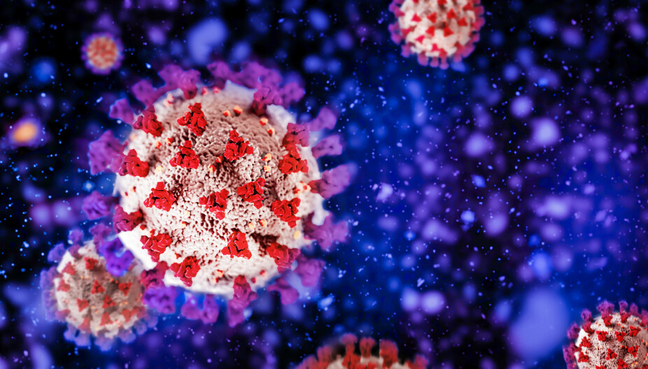 MUTERER: Omikron-viruset muterer til stadig nye varianter. BA.5-varianten er den mest smittsomme hittil, og vil trolig smitte svært mange nordmenn de neste månedene. Illustrasjonen viser et koronavirusmolekyl.