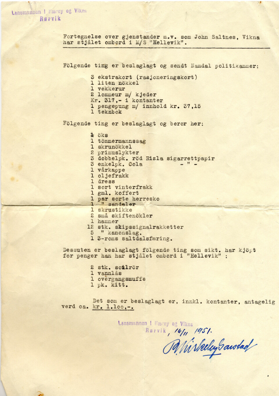 DREPTE TRE FOR DETTE: Listen over politiets beslag hos trippeldrapsmannen.