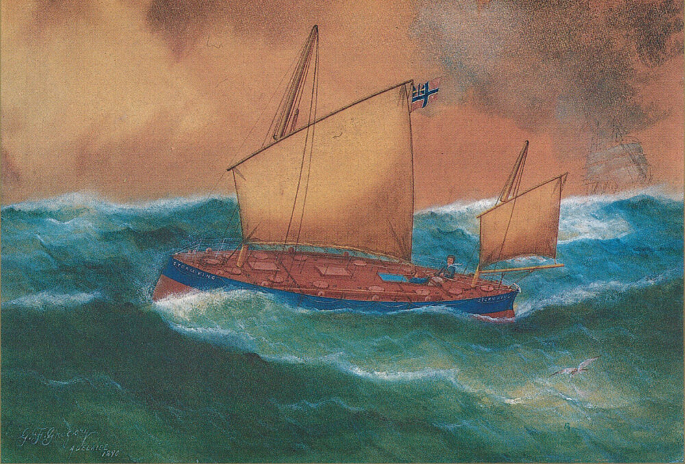 <b>UNDER NORSK FLAGG:</b> Dette maleriet er malt i Adelaide i 1890 etter båtens ankomst dit. «Storm King» klarte seg velberget gjennom en rekke stormer på sin ferd. 