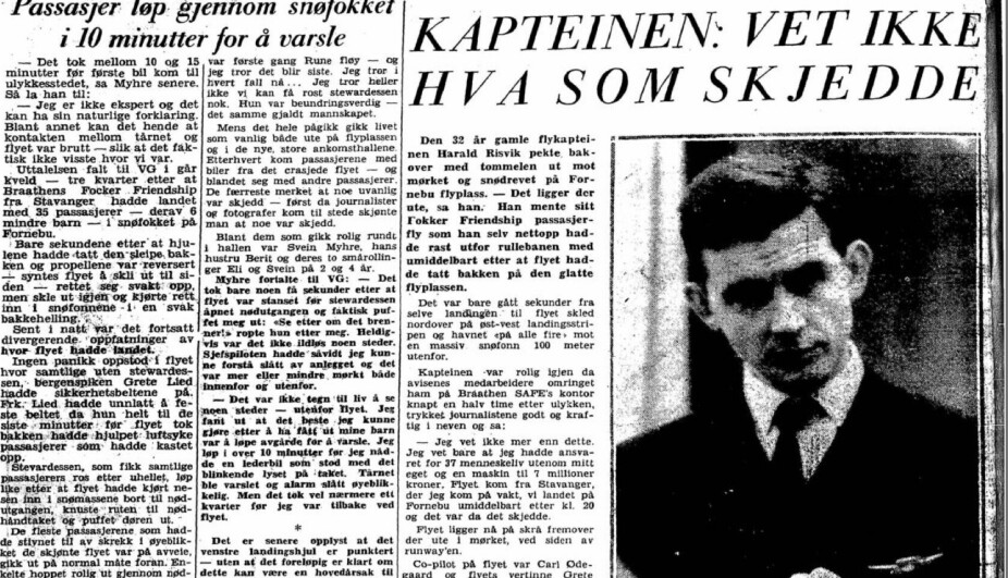 HAVARI PÅ FORNEBU: Flykaptein Harald Risvik (32) møtte pressen etter hendelsen 30. desember 1964.