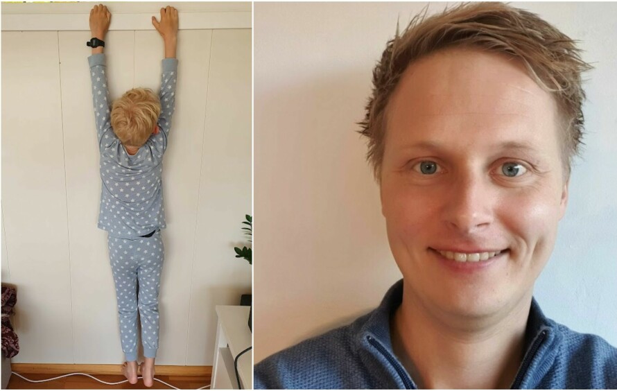 KORT PÅ ARMENE: – Alvin, still deg opp så tar jeg bilde bakfra. – Ok, bare vent litt. *henger seg opp etter vinduskarmen*. – Sånn, nå er jeg klar pappa.